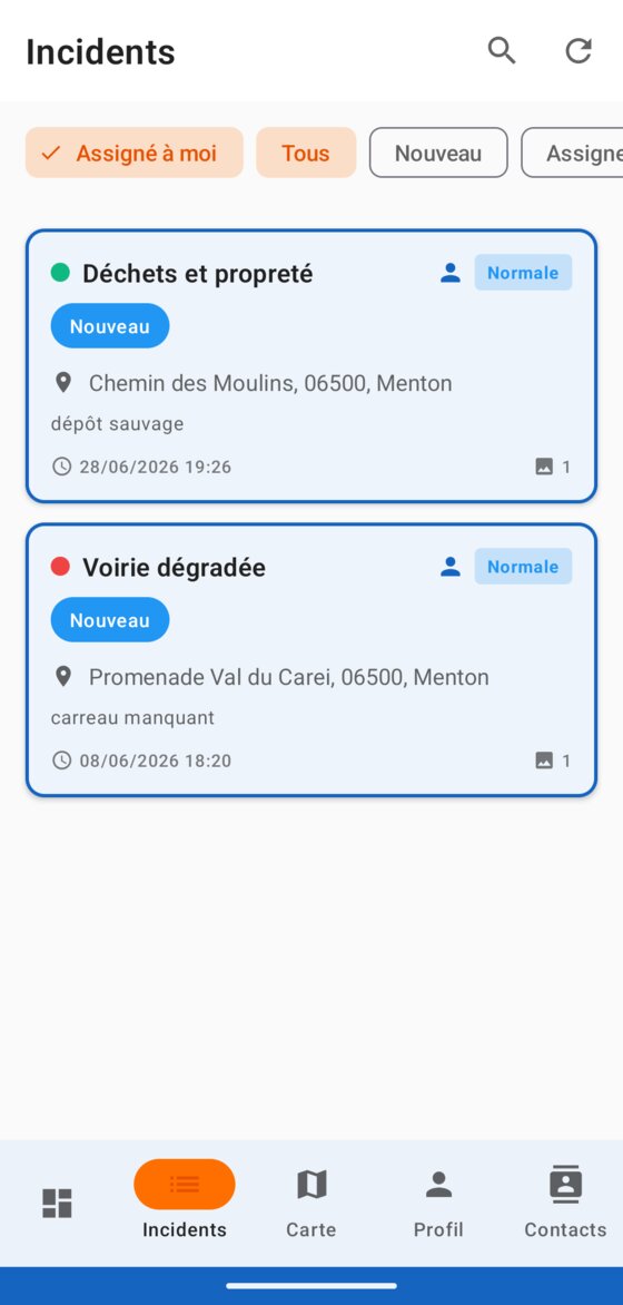 Liste des incidents filtrés dans l'application agents UrbaFix