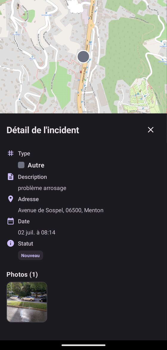 Détail d'un incident signalé dans l'application UrbaFix