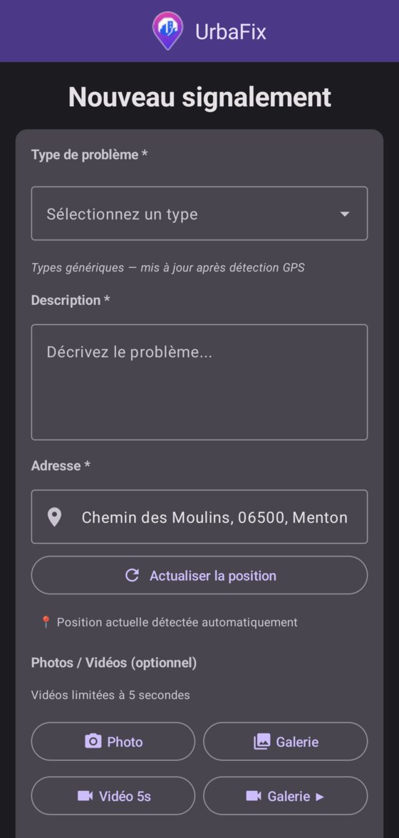 Formulaire de nouveau signalement dans l'application UrbaFix