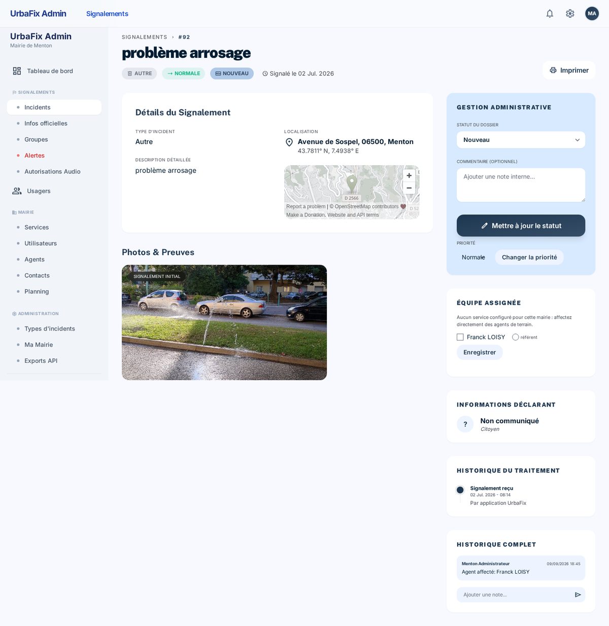 Détail d'un signalement avec gestion du statut, équipe assignée et historique dans le dashboard mairie UrbaFix
