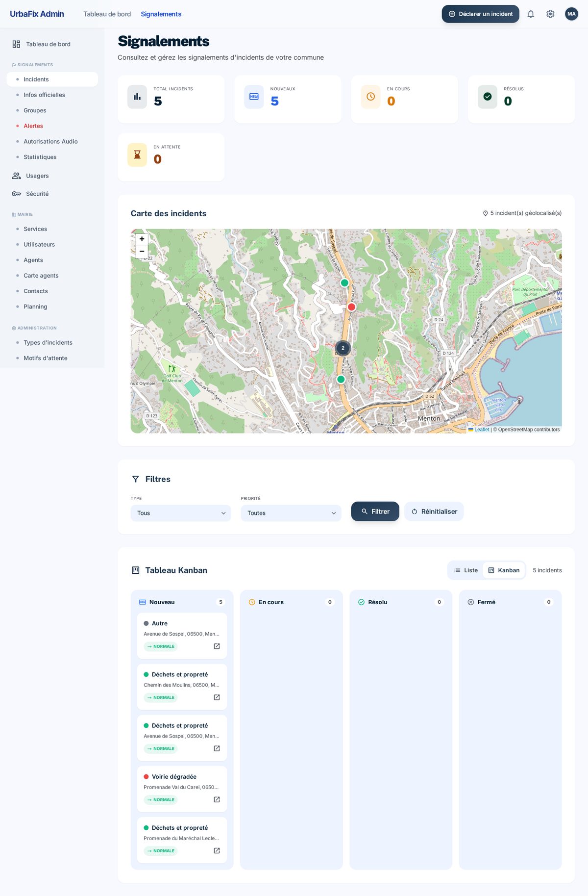 Liste des signalements en vue Kanban dans le dashboard mairie UrbaFix